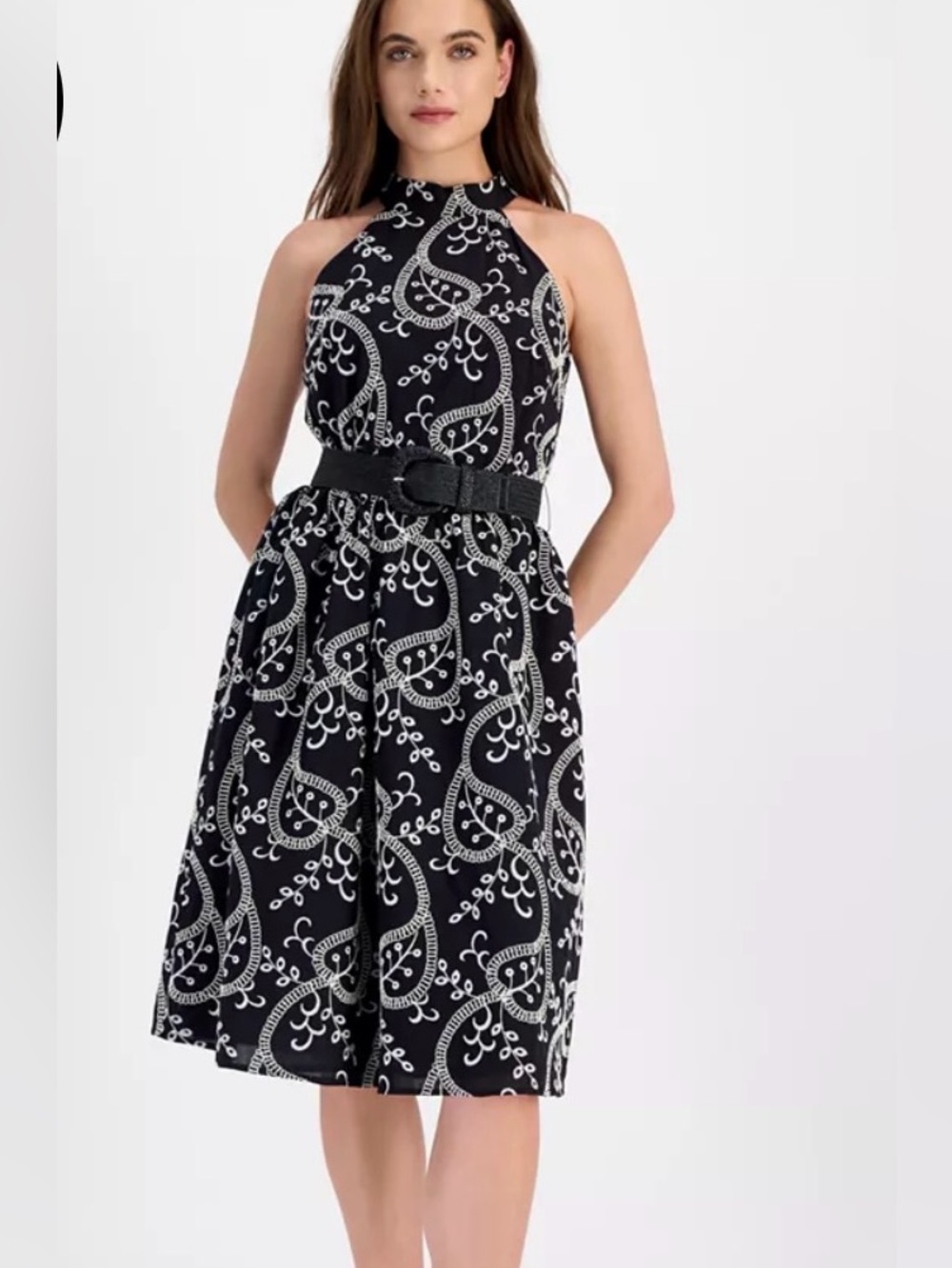 NWT Size 4 Anne Klein Black Women's Halter Neck Belted Midi Dress